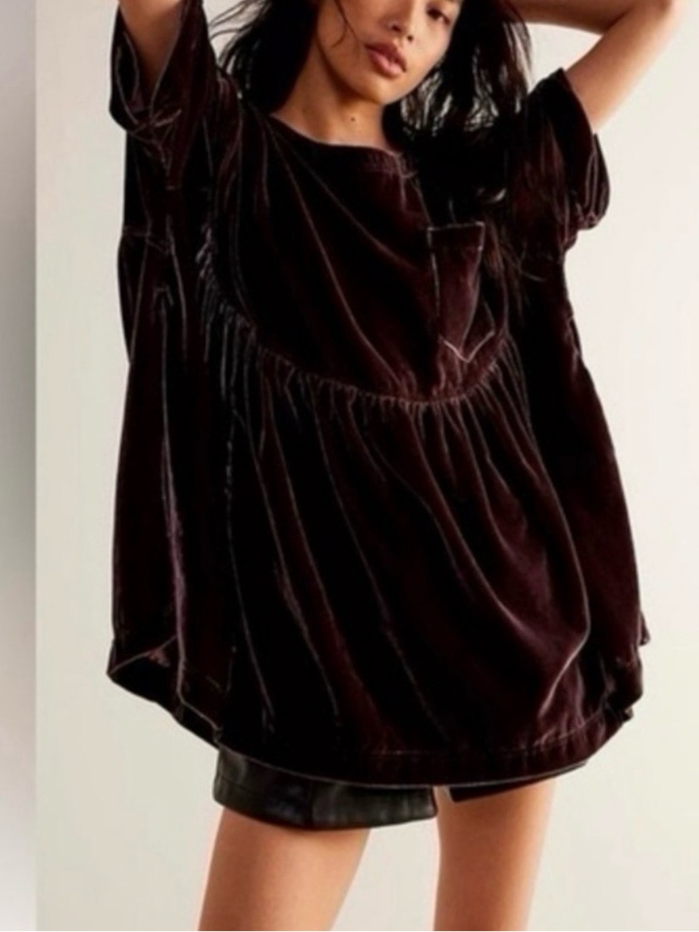 Free People Moon City Velvet Babydoll Tunic Top in black raisin, plum, prune